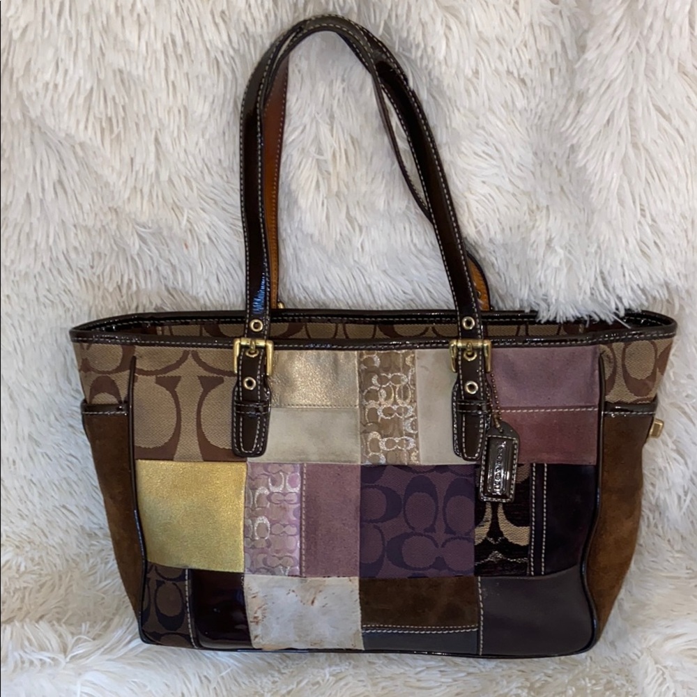 Coach Brown and Tan Patchwork Tote adjustable straps side pockets zip closure